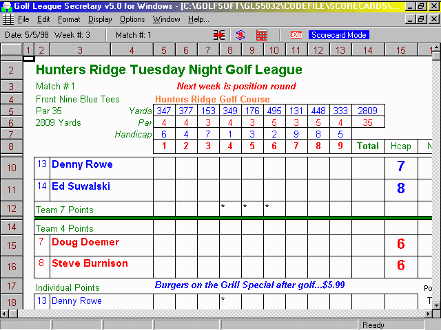 League scorecard as shown in Scorecard Mode
