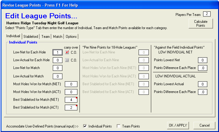 Individual Points Setup Panel