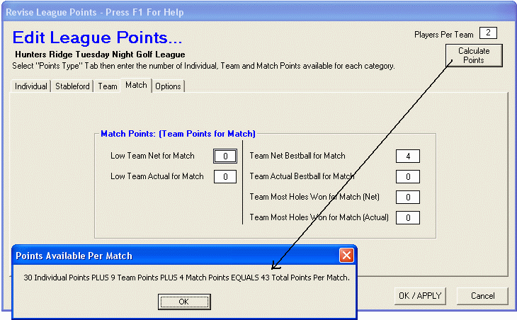 Match Points Setup Panel showing Calculated Total