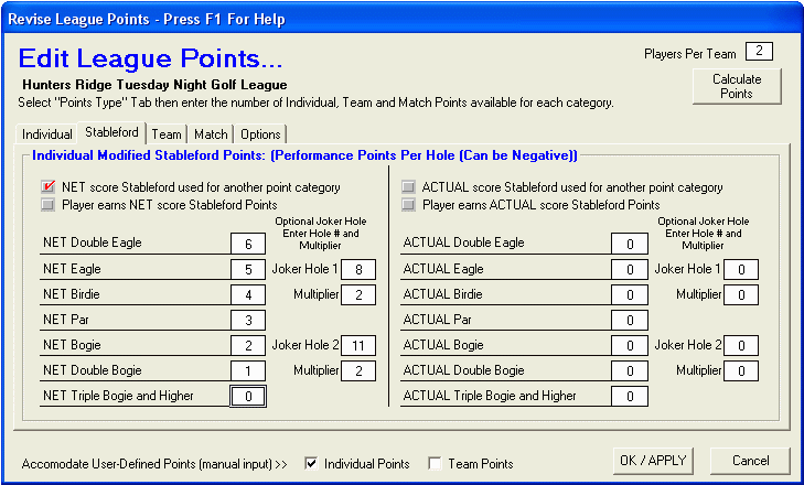 Individual Modified Stableford Points Setup Panel